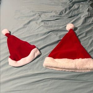 Two Santa hats, kids and adults. Felt Macy kids and velvet bigger hat.
